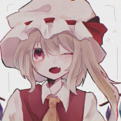 Rule 34 | 1girl, ;d, ascot, blonde hair, fang, flandre scarlet, hat, hat ribbon, highres, kongou ahiru, looking at viewer, medium hair, mob cap, multicolored wings, one eye closed, open mouth, red eyes, red ribbon, red vest, ribbon, ribbon-trimmed headwear, ribbon trim, shirt, side ponytail, simple background, skin fang, smile, solo, touhou, upper body, vest, white background, white hat, white shirt, wings, yellow ascot