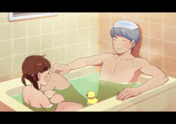 Rule 34 | 1boy, 1girl, ^ ^, atlus, bath, bathroom, blush, brown hair, closed eyes, cousins, doujima nanako, grey hair, jack frost (megami tensei), letterboxed, mixed-sex bathing, narukami yuu, no nose, nude, persona, persona 4, rubber duck, shared bathing, short twintails, smile, towel, towel on head, twintails, water, zazagi