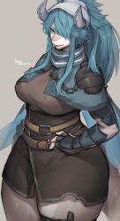 Rule 34 | 1girl, absurdres, blue eyes, blue hair, blue scarf, breasts, brown dress, commentary request, dress, furry, furry female, gauntlets, grey background, grey headwear, grey horns, hair over one eye, head scarf, highres, horns, large breasts, long hair, looking at viewer, original, scarf, simple background, solo, suurin (ksyaro), thick thighs, thighs, twitter username