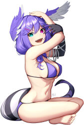Rule 34 | 1girl, ahoge, asymmetrical arms, bandaged arm, bandages, bikini, blue eyes, braid, breasts, dragon girl, dragon tail, hair ornament, hairclip, head wings, heterochromia, highres, long hair, looking at viewer, medium breasts, medium hair, nijisanji, nijisanji en, nitrus, purple bikini, purple eyes, purple hair, purple wings, selen tatsuki, simple background, sitting, solo, swimsuit, tail, twin braids, virtual youtuber, white background, wings