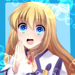 Rule 34 | 1girl, :d, blonde hair, blue background, blue eyes, bubble, colette brunel, floating hair, hair between eyes, long hair, long sleeves, open mouth, own hands together, portrait, sakuno ririsu, smile, solo, tales of (series), tales of symphonia, very long hair