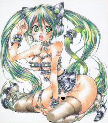 Rule 34 | blush, breasts, cat tail, censored, collar, fang, green eyes, green hair, hatsune miku, heart, heart censor, long hair, m auctions, nipples, solo, tail, thighhighs, twintails, very long hair, vocaloid