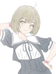 Rule 34 | 1girl, ahoge, arm behind head, assault lily, black ribbon, black skirt, blush, brown hair, buttons, closed mouth, commentary request, cropped jacket, green eyes, hand on own head, hand on own hip, hand up, highres, looking at viewer, mole, mole under eye, neck ribbon, pickles (picpicpickles), pink ribbon, puffy short sleeves, puffy sleeves, ribbon, school uniform, seike tomoyo, short hair, short sleeves, simple background, skirt, smile, solo, standing, underbust, upper body, white background, wrist ribbon, yurigaoka girls academy school uniform
