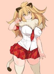 Rule 34 | 10s, animal ears, blonde hair, breasts, buttons, kemono friends, kuronyan, large breasts, lion (kemono friends), lion ears, lion tail, red skirt, shirt, skirt, solo, tail, thighhighs, thighs, yellow eyes