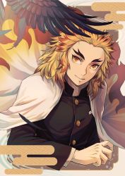 Rule 34 | 1boy, 2021, bird, black feathers, black jacket, blonde hair, cape, closed mouth, dated, feathers, forked eyebrows, gradient cape, highres, jacket, kimetsu no yaiba, long hair, long sleeves, looking at viewer, multicolored hair, red hair, rengoku kyoujurou, rokuo016, smile, solo, two-tone hair, upper body, white cape, yellow eyes