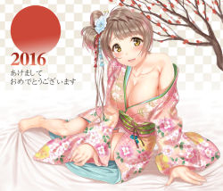 Rule 34 | 10s, 1girl, 2016, arm support, bare shoulders, barefoot, blush, breasts, brown hair, checkered background, cleavage, collarbone, female focus, full body, hair ornament, japanese clothes, kimono, kitiroku, large breasts, long hair, love live!, love live! school idol festival, love live! school idol project, minami kotori, side ponytail, smile, solo, yellow eyes