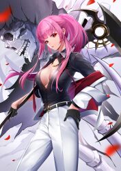 Rule 34 | 1girl, black gloves, black shirt, breasts, cleavage, denim, gloves, hand on own chest, hand on own hip, highres, holding, holding scythe, holding weapon, hololive, hololive english, jacket, jeans, jewelry, kenko (a143016), large breasts, long hair, looking at viewer, mori calliope, necklace, open clothes, open shirt, pants, pink hair, ponytail, red eyes, scythe, shirt, skull, virtual youtuber, weapon, white jacket, white pants