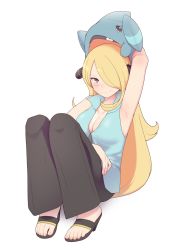 Rule 34 | 1girl, armpits, bare arms, black footwear, black pants, blonde hair, blush, breasts, cleavage, closed mouth, commentary, creatures (company), cynthia (pokemon), eyelashes, feet, game freak, gen 4 pokemon, gible, grey eyes, hair ornament, hair over one eye, highres, holding, holding pokemon, long hair, looking at viewer, maidforge, nintendo, on head, pants, pokemon, pokemon (anime), pokemon (creature), pokemon bw (anime), pokemon on head, sandals, smile, toes