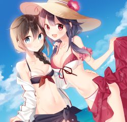 Rule 34 | 2girls, ahoge, bikini, blush, braid, breasts, brown hair, cleavage, cloud, day, floral print, flower, hair between eyes, hair flaps, hat, hat flower, hip bones, jacket, kantai collection, long hair, low twintails, multiple girls, naoto (tulip), navel, ocean, open mouth, outdoors, purple hair, red eyes, remodel (kantai collection), ryuuhou (kancolle), scrunchie, shigure (kancolle), single braid, sky, smile, sun hat, swimsuit, taigei (kancolle), twintails, water