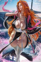 Rule 34 | 1girl, artist name, bleach, breasts, cherry blossoms, cleavage, female focus, forehead, fundoshi, gluteal fold, grey eyes, japanese clothes, jewelry, katana, kimono, large breasts, lips, long hair, matsumoto rangiku, mole, mole under mouth, necklace, orange hair, panties, patreon username, petals, sakimichan, sandals, scabbard, sheath, shinigami, signature, solo, sword, thighhighs, thighs, underwear, watermark, weapon, web address, white footwear, white panties, white thighhighs