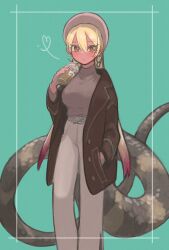 Rule 34 | 1girl, alternate costume, beret, blonde hair, blush, brown jacket, casual, cowboy shot, cup, disposable coffee cup, disposable cup, earrings, gradient hair, grey pants, grey sweater, hair between eyes, hand in pocket, hat, high-waist pants, highres, jacket, jewelry, kemono friends, king cobra (kemono friends), long hair, long sleeves, looking at viewer, multicolored hair, open clothes, open jacket, pants, pink hat, purple hair, scales, shimazoenohibi, sidelocks, snake girl, snake tail, solo, sweater, tail, turtleneck, turtleneck sweater, yellow eyes