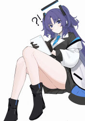Rule 34 | 1girl, ?, absurdres, ass, black footwear, black gloves, blue archive, blue necktie, blush, boots, closed mouth, collared shirt, gloves, halo, highres, jacket, long hair, long sleeves, looking at viewer, mechanical halo, necktie, open clothes, open jacket, puffy long sleeves, puffy sleeves, purple eyes, purple hair, shirt, simple background, slm, solo, two side up, white background, white jacket, white shirt, yuuka (blue archive)