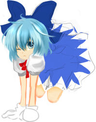 Rule 34 | 1girl, bad id, bad pixiv id, cirno, dress, female focus, full body, haruto (artist), sketch, solo, embodiment of scarlet devil, touhou, white background, wink