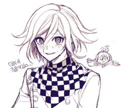 Rule 34 | 2boys, checkered background, checkered clothes, checkered scarf, chibi, chibi inset, danganronpa (series), danganronpa v3: killing harmony, hair between eyes, jacket, looking at viewer, male focus, monochrome, multiple boys, open mouth, oma kokichi, plant, potted plant, raonal97, saihara shuichi, scarf, short hair, smile, straitjacket, sweat, translation request, upper body