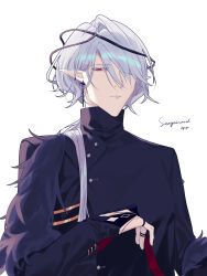 Rule 34 | 1boy, absurdres, arknights, black gloves, black shirt, character name, gloves, grey hair, hair over one eye, half-closed eye, highres, looking at viewer, male focus, partially fingerless gloves, pointy chin, pointy ears, red eyes, sanguinarch (arknights), shirt, simple background, solo, twitter username, upper body, white background, yoruyume