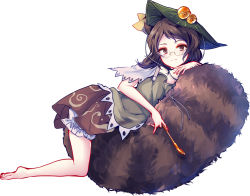 Rule 34 | 1girl, animal ears, barefoot, belly rub, brown eyes, brown hair, full body, futatsuiwa mamizou, glasses, hat, hugging own tail, hugging tail, leaf, leaf on head, looking at viewer, pince-nez, raccoon ears, raccoon tail, short hair, simple background, smile, smoking pipe, solo, tail, tail chair, touhou, uranaishi (miraura), white background