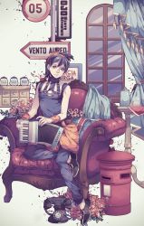 Rule 34 | 10s, 1boy, 2015, accordion, antique phone, armchair, artist name, black hair, blood, blood splatter, blue eyes, chair, character name, choker, copyright name, cup, curtains, cushion, dated, flower, full body, hairband, headband, instrument, jar, jojo no kimyou na bouken, light smile, male focus, narancia ghirga, pants, phone, pillow, pink flower, pink rose, postbox, road sign, rose, rotary phone, shirt, sign, sitting, sleeveless, sleeveless shirt, solo, table, tassel, teacup, teapot, wenny02, window, wristband