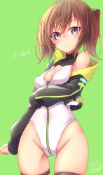 Rule 34 | 1girl, absurdres, alice gear aegis, black jacket, breasts, brown hair, cleavage, cleavage cutout, clothing cutout, cowboy shot, green background, heattech leotard, highleg, highleg leotard, highres, jacket, kanimiso (juutilainen77), kimikage yui, leotard, looking at viewer, purple eyes, small breasts, solo, turtleneck, twintails, white leotard