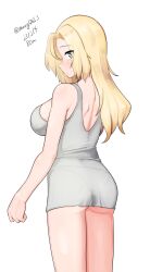 Rule 34 | 1girl, absurdres, alternate costume, ass, bare shoulders, blonde hair, blue eyes, blush, breasts, commentary request, dated, feet out of frame, from behind, grey shorts, grey tank top, highres, hornet (kancolle), kantai collection, large breasts, long hair, looking at viewer, looking back, maru (marg0613), one-hour drawing challenge, shorts, simple background, solo, tank top, twitter username, white background