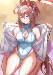 Rule 34 | 1girl, absurdres, adapted costume, animal ears, blue eyes, breasts, brown hair, casual one-piece swimsuit, cleavage, cleavage cutout, clothing cutout, commentary request, eve on k, full body, hairband, highres, horse ears, horse girl, horse tail, jacket, large breasts, long hair, looking at viewer, mihono bourbon (umamusume), one-piece swimsuit, open clothes, open jacket, ponytail, sitting, solo, swimsuit, tail, umamusume, wariza, white jacket, white one-piece swimsuit