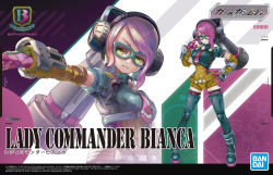 Rule 34 | 1girl, :3, aqua footwear, artist request, bandai, bianca (girl gun lady), blue jacket, boots, box art, breasts, copyright name, cropped jacket, girl gun lady, glasses, gloves, jacket, logo, medium breasts, multiple views, necktie, official art, pink gloves, pink hair, pink neckwear, pointing, shorts, thigh boots, thighhighs, yellow eyes, yellow shorts
