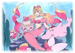 Rule 34 | 1girl, bare shoulders, blonde hair, bow, bra, cake, cheep cheep, dolphin, earrings, food, gradient hair, hair ornament, highres, indie virtual youtuber, jewelry, long hair, looking at viewer, mermaid, mistymerm, monster girl, multicolored hair, navel, pink bow, pink bra, pink eyes, pink hair, pink tail, saiwo (saiwoproject), seashell, seaweed, shell, shell bikini, sleeveless, tail, tail bow, tail ornament, two-tone hair, underwater, underwear, very long hair