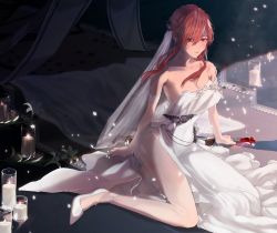Rule 34 | 1girl, absurdres, alternate costume, anklet, arm garter, artist request, azur lane, bare shoulders, breasts, candle, cane, cleavage, dress, fire, full body, gem, high heels, highres, holding, holding cane, huge filesize, jewelry, large breasts, long dress, long hair, looking at viewer, monarch (azur lane), pumps, purple eyes, red gemstone, red hair, shoes, sleeveless, sleeveless dress, solo, stiletto heels, strapless, strapless dress, wedding dress, white dress, white footwear
