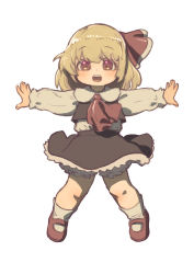 Rule 34 | 1girl, black skirt, blonde hair, feral lemma, grey background, hair ribbon, highres, looking at viewer, open mouth, outstretched arms, red eyes, red ribbon, ribbon, rumia, short hair, simple background, skirt, smile, solo, touhou