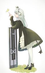 Rule 34 | 1girl, animal ears, arknights, black dress, black footwear, bug, butterfly, commentary request, contrapposto, dress, flower, grass, green hair, grey eyes, hair flower, hair ornament, hand up, heavyrain (arknights), heavyrain (tranquil moss) (arknights), high heels, horse ears, horse girl, horse tail, insect, layered dress, long sleeves, naitou (lr 7110), official alternate costume, pantyhose, shield, side slit, simple background, solo, tail, white background, white dress, white flower, white pantyhose, zebra ears, zebra girl
