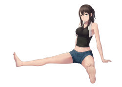 Rule 34 | 10s, 1girl, arm support, bare shoulders, barefoot, black shirt, blue eyes, breasts, brown hair, denim, denim shorts, feet, full body, groin, highres, impossible clothes, looking at viewer, medium breasts, midriff, navel, one side up, seiren, shirt, short shorts, shorts, side ponytail, sitting, smile, soles, solo, spread legs, tank top, thighs, toes, towel, towel around neck, tsuneki hikari, white background, yautau