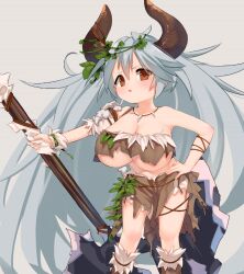 Rule 34 | 1girl, bare shoulders, big hair, breasts, brown eyes, cleavage, draph, granblue fantasy, grey hair, halberd, horns, huge breasts, jewelry, loincloth, long hair, necklace, official alternate costume, oppai loli, parted lips, pedocchi, polearm, simple background, threo (granblue fantasy), tooth necklace, tribal, underboob, very long hair, weapon
