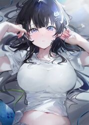 Rule 34 | 1girl, black hair, blush, breasts, cat hair ornament, collarbone, commentary request, drooling, earbuds, earphones, hair between eyes, hair ornament, hand in own hair, hands up, highres, large breasts, long hair, looking at viewer, lying, messy hair, midriff, navel, on back, original, parted lips, purple eyes, shia job, shirt, short sleeves, solo, tearing up, thick eyelashes, triangle hair ornament, upper body, waking up, white shirt, wireless game controller