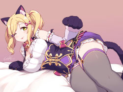 Rule 34 | :3, :p, ;p, alternate costume, animal ear fluff, animal ears, animal hands, blonde hair, blush, breasts, cat ears, cat tail, cleavage, corset, detached sleeves, garter straps, gloves, halloween, highres, langbazi, large breasts, looking at viewer, love live!, love live! sunshine!!, ohara mari, one eye closed, paw gloves, smile, tail, thighhighs, thighs, tongue, tongue out, white sleeves, yellow eyes