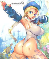Rule 34 | 1girl, alternate color, armpits, ass, beret, blonde hair, blue eyes, blue gloves, blue hat, bodypaint, braid, breasts, cammy white, cowboy shot, fingerless gloves, gloves, hat, highres, large breasts, leotard, long hair, looking to the side, muscular, muscular female, open mouth, pixiv id, plant, revision, signature, solo, street fighter, street fighter ii (series), thong, thong leotard, twin braids, twitter username, umigarasu (kitsune1963), v-shaped eyebrows, white leotard