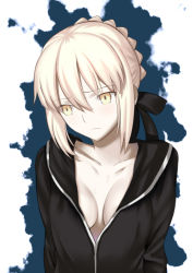 Rule 34 | 1girl, artoria pendragon (all), artoria pendragon (fate), besmiled, black ribbon, black shirt, breasts, cleavage, collarbone, fate/stay night, fate (series), hair between eyes, hair ribbon, looking away, medium breasts, open clothes, open shirt, ribbon, saber alter, shirt, short hair with long locks, sidelocks, silver hair, solo, upper body, white background, yellow eyes