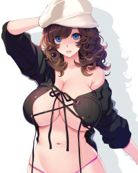 Rule 34 | 1girl, arm up, bare shoulders, bikini, blue eyes, breasts, brown hair, cleavage, collarbone, covered erect nipples, groin, hair between eyes, hand on headwear, hat, highres, large breasts, london inu, long hair, long sleeves, looking at viewer, midriff, navel, off shoulder, open mouth, original, purple bikini, simple background, solo, stomach, string bikini, swimsuit, teeth, thick eyebrows, underboob, upper teeth only, white background, white hat