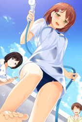 Rule 34 | 1boy, 2girls, barefoot, black hair, blue eyes, blue sky, blush, brown hair, cloud, day, dutch angle, empty pool, faceless, faceless male, feet, from behind, green eyes, highres, hose, multiple girls, nose blush, one-piece swimsuit, original, outdoors, pool, school swimsuit, school uniform, shirt, short hair, sky, swimsuit, swimsuit under clothes, toes, uzuki hiro, wet, wet clothes, white shirt