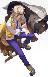 Rule 34 | 1boy, arven (pokemon), collared shirt, creatures (company), dog, fur, game freak, grey eyes, grey hair, grin, hair over one eye, highres, hsin, long hair, looking at viewer, mabosstiff, male focus, multicolored hair, necktie, nintendo, pants, pokemon, pokemon sv, red eyes, school uniform, shirt, shoes, simple background, sitting, smile, sneakers, tree stump, two-tone hair, vest, white background