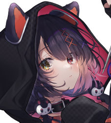Rule 34 | 1girl, animal collar, animal ears, black hair, blush, closed mouth, collar, commentary request, dog ears, ears through headwear, hair ornament, heterochromia, highres, hood, hood up, inui toko, long hair, looking at viewer, nenehotoso, nijisanji, portrait, red eyes, sideways glance, simple background, solo, virtual youtuber, white background, x hair ornament, yellow eyes