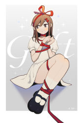 Rule 34 | 1girl, black footwear, bound, bound ankles, bound wrists, brown eyes, brown hair, casual, commentary, dress, english commentary, english text, framed, grey background, hair ornament, hair ribbon, hairclip, highres, inuinu-s, jitome, kagerou project, looking to the side, medium hair, mekakucity actors, no scarf, outside border, red ribbon, red trim, ribbon, shadow, short sleeves, simple background, socks, solo, tateyama ayano, thighs, tied up (nonsexual), two-tone ribbon, white background, white dress, white socks