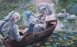 Rule 34 | 1boy, 1girl, absurdres, bead choker, bird, blue eyes, blue gemstone, blue hair, breasts, canoe, dress, floating hair, furina (genshin impact), gem, genshin impact, gloves, highres, holding, holding umbrella, juliet sleeves, lake, lankie, lily pad, long sleeves, looking to the side, medium breasts, multicolored hair, neuvillette (genshin impact), outdoors, parted lips, puffy sleeves, reading, shirt, streaked hair, swan, two-tone hair, umbrella, water lily flower, white dress, white gloves, white hair, white shirt, white umbrella