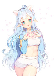 Rule 34 | 1girl, animal ears, aqua eyes, blue hair, blush, breasts, cat ears, cleavage, heart, highres, long hair, looking at viewer, medium breasts, multicolored eyes, navel, open mouth, original, pointy ears, smile, solo, star (symbol), tp (kido 94)
