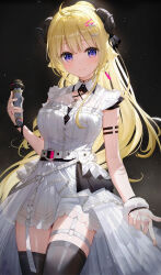 Rule 34 | 1girl, ahoge, belt, black ribbon, black thighhighs, blonde hair, bow, breasts, closed mouth, dress, earrings, fuumi (radial engine), garter straps, hair bow, hair ornament, hairclip, highres, holding, holding microphone, hololive, horns, jewelry, long hair, looking at viewer, medium breasts, microphone, o-ring, o-ring thigh strap, parted bangs, purple eyes, ribbon, ring, sheep girl, sheep horns, single earring, smile, solo, thigh strap, thighhighs, tsunomaki watame, tsunomaki watame (1st solo live), tsunomaki watame (watame night fever!!), virtual youtuber, white belt, white bow, white dress, white garter straps