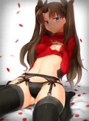 Rule 34 | 1girl, black hair, black panties, black thighhighs, blue eyes, blush, breasts, cameltoe, clothes lift, fate/stay night, fate (series), garter belt, hair ribbon, impossible clothes, long hair, long sleeves, looking at viewer, midriff, navel, panties, petals, ribbon, shirt lift, sitting, small breasts, solo, suurin (ksyaro), thighhighs, tohsaka rin, twintails, two side up, underwear