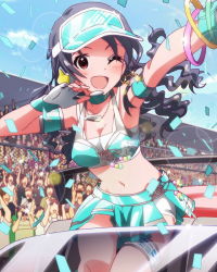 Rule 34 | 10s, 1girl, ;d, armlet, artist request, audience, blue hair, blush, bracelet, confetti, crop top, fingerless gloves, gloves, headset, heart, idolmaster, idolmaster million live!, jewelry, long hair, looking at viewer, midriff, navel, necklace, official art, one eye closed, open mouth, race queen, red eyes, skirt, smile, takayama sayoko, visor cap, wink