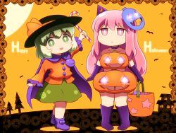 Rule 34 | 2girls, :d, arm up, bare shoulders, basket, black headwear, boots, candy, candy cane, chibi, choker, commentary request, crescent, elbow gloves, food, frilled sleeves, frills, gloves, glowing, green eyes, green hair, green skirt, halloween, happy halloween, hat, hat ribbon, hata no kokoro, holding, holding basket, holding food, knee boots, komeiji koishi, long hair, long sleeves, looking at viewer, mask, mask on head, miniskirt, multiple girls, open mouth, orange ribbon, orange shirt, orange sky, pink eyes, pink hair, pointy hat, purple choker, purple footwear, purple gloves, ribbon, shirosato, shirt, short hair, sidelocks, skirt, sky, smile, touhou