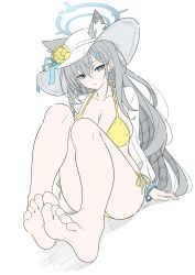 1girl absurdres alternate_costume animal_ear_fluff animal_ears bare_legs barefoot bikini blue_archive blue_eyes blush closed_mouth commentary cross cross_hair_ornament earrings extra_ears feet grey_hair grey_halo hair_ornament halo hat highres inverted_cross jewelry knees_up legs long_hair looking_at_viewer mismatched_pupils shiroko_(blue_archive) shiroko_terror_(blue_archive) simple_background soles solo stud_earrings sun_hat swimsuit symbol-only_commentary t1kosewad toes white_background wolf_ears wolf_girl yellow_bikini