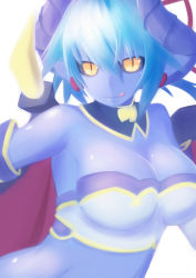 Rule 34 | 1girl, :q, absurdres, akahuzi, asmodeus (shinrabanshou), bad id, bad pixiv id, blue hair, blue skin, breasts, cleavage, colored skin, detached collar, detached sleeves, highres, horns, large breasts, licking, licking lips, long sleeves, shinrabanshou, slit pupils, solo, tongue, tongue out, yellow eyes