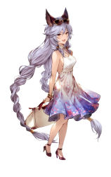 Rule 34 | 1girl, :d, absurdly long hair, animal ears, arms behind back, bag, bracelet, breasts, brown eyes, dress, erune, eyewear on head, floral print, from above, from below, full body, granblue fantasy, hair between eyes, handbag, heles, high heels, highres, jewelry, long hair, looking at viewer, low-braided long hair, low-tied long hair, medium breasts, minaba hideo, non-web source, open mouth, print dress, sideboob, silver hair, simple background, smile, solo, sunglasses, third-party edit, very long hair, white background