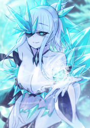 Rule 34 | 1girl, bare shoulders, blue eyes, blue skin, blunt bangs, blurry, breasts, cleavage, closed mouth, colored skin, commentary, depth of field, detached sleeves, english commentary, eyepatch, highres, ice, icicle, japanese clothes, kimono, large breasts, looking at viewer, monster girl, monster girl encyclopedia, open hand, ponytail, short kimono, sidelocks, silver hair, smile, snow, snowing, solo, standing, sud (sudea), tsurara onna (monster girl encyclopedia), wide sleeves